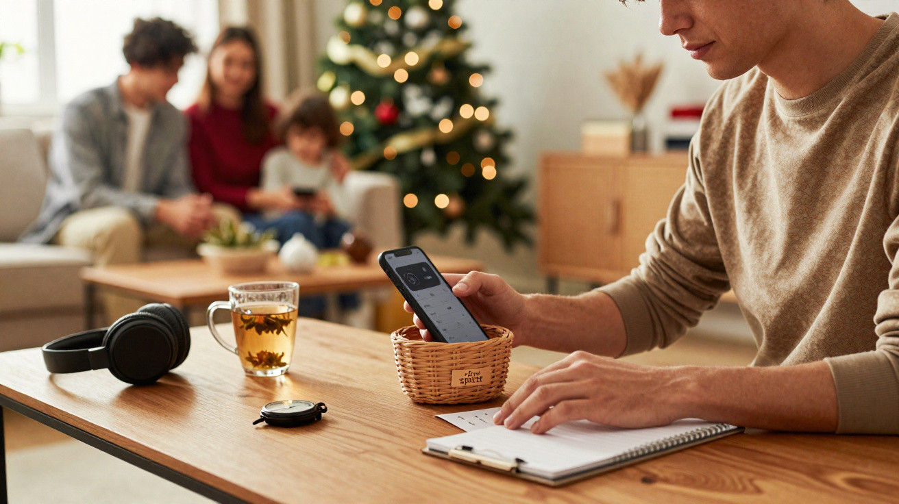 Person legt Handy in einen Korb am Tisch, im Hintergrund Familie vor Weihnachtsbaum entspannt.
