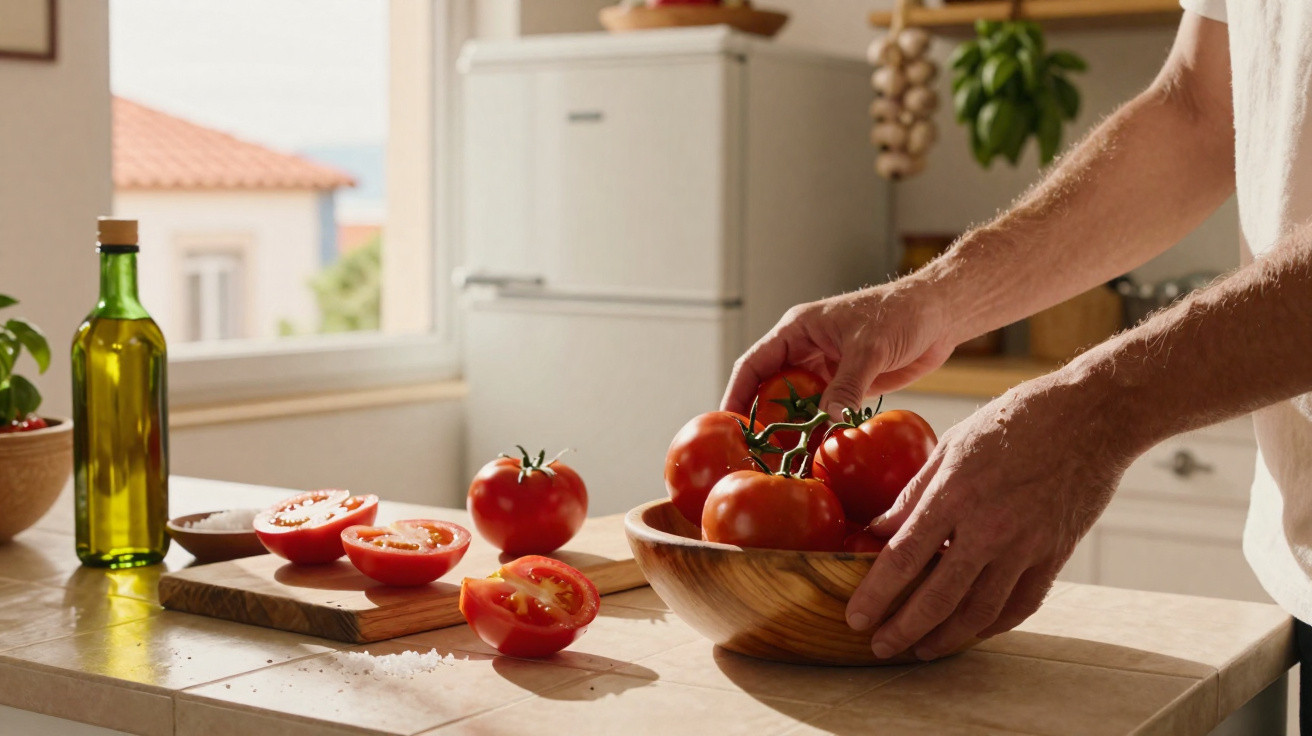 Mann legt frische Tomaten in eine Holztiefe Schale in heller Küche mit Fenster und Olivenölflasche.
