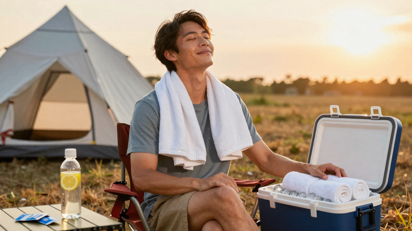 Junger Mann entspannt mit Handtuch am Hals beim Camping, Sonnenuntergang im Hintergrund.