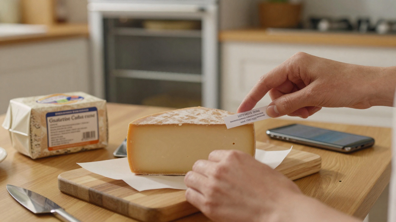 Ein Stück Käse auf Holzbrett wird mit einem kleinen Zettel in einer modernen Küche beschriftet.