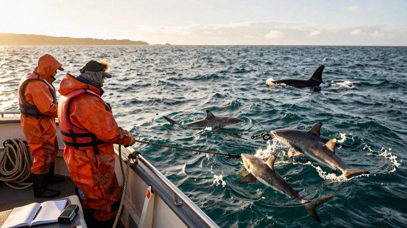 Fischer im orangen Schutzanzug auf Boot beim Fangen von Haien und Schwertwalen im Meer bei Sonnenuntergang.