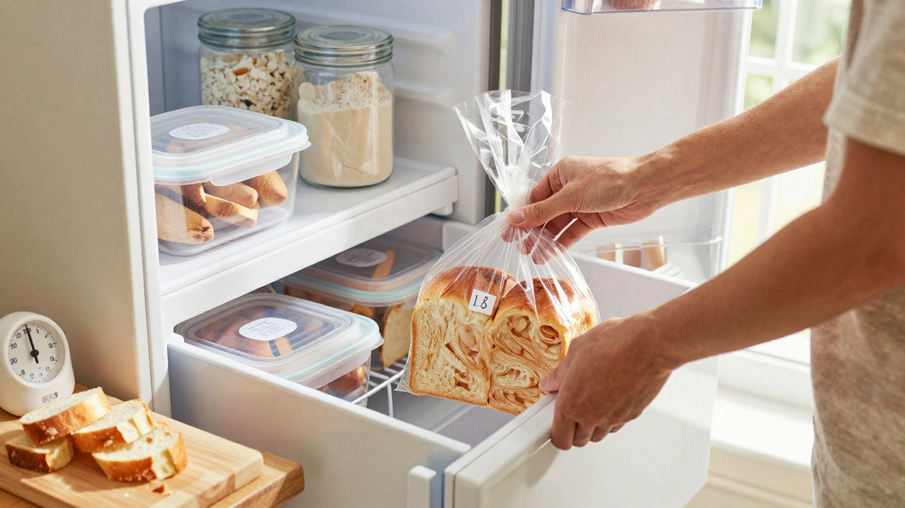 Person legt verpacktes Brot in den Kühlschrank, daneben Behälter mit Lebensmitteln und aufgeschnittenes Brot.
