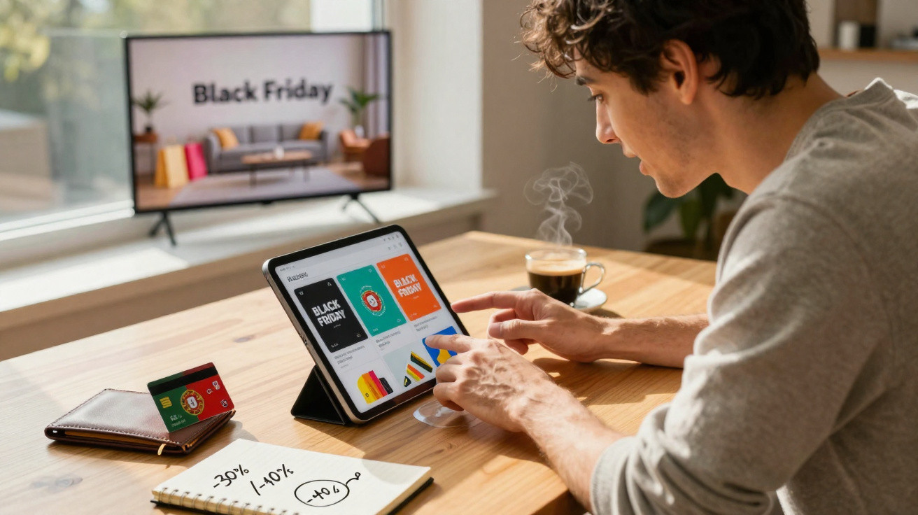 Mann surft auf Tablet nach Black Friday Angeboten, Notiz mit Rabatten, Kaffee und TV mit Black Friday Schriftzug.
