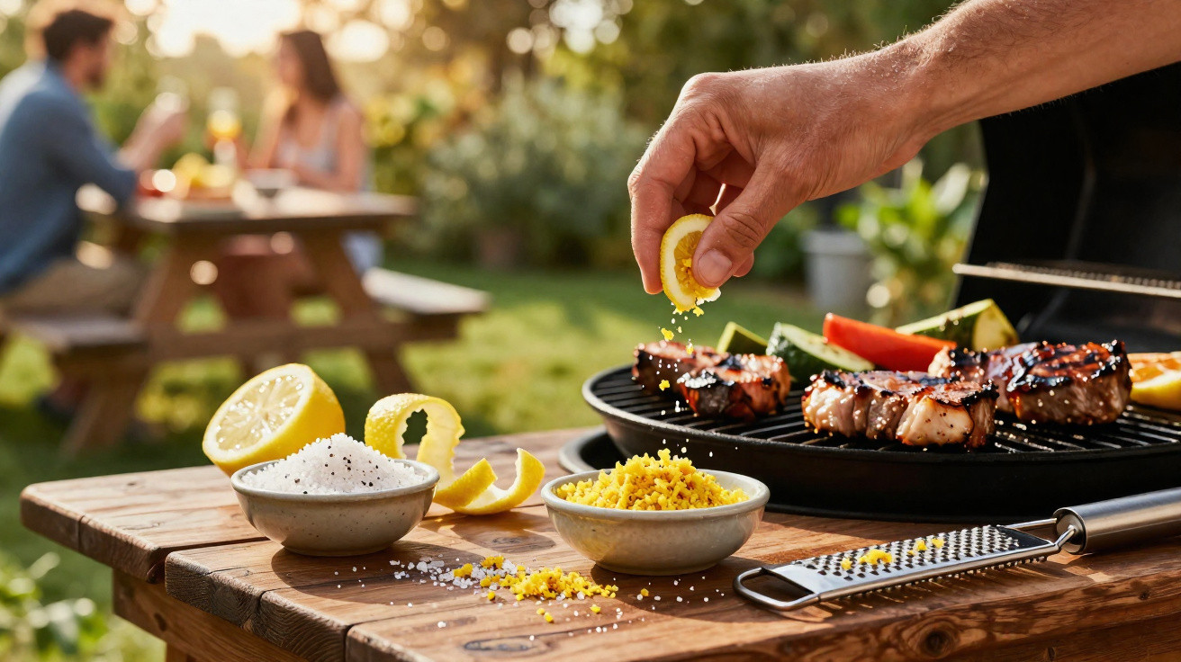 Hand presst Zitronenscheibe über Grill mit Fleisch und Gemüse bei Gartenparty im Sommer.