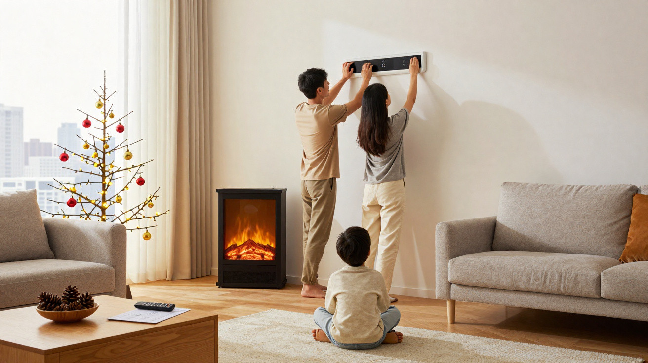 Familie schmückt Wohnzimmer mit Weihnachten, zwei hängen Dekoration an Wand, Kind sitzt auf Teppich, Kamin brennt.
