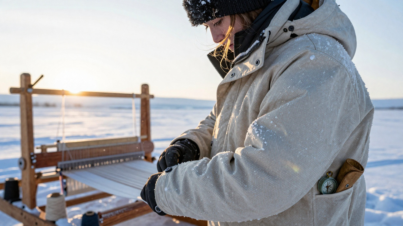 Person in Winterjacke mit Kompass und Werkzeug in der Tasche bedient draußen vor Webstuhl bei Schnee die Fäden.