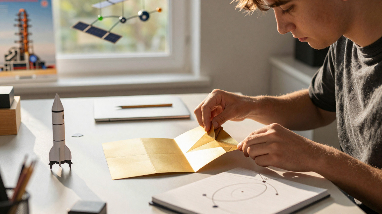 Jugendlicher faltet Origami am Schreibtisch, neben Modellrakete und Sonnensystem-Zeichnung.