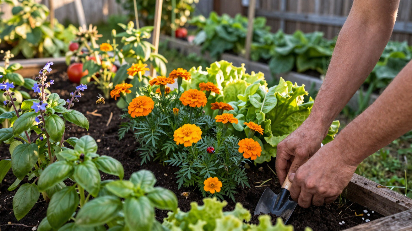 Beine Hände eines Gärtners mit Blumenzwiebel, orange Blumen und Salat in Hochbeet im Garten.