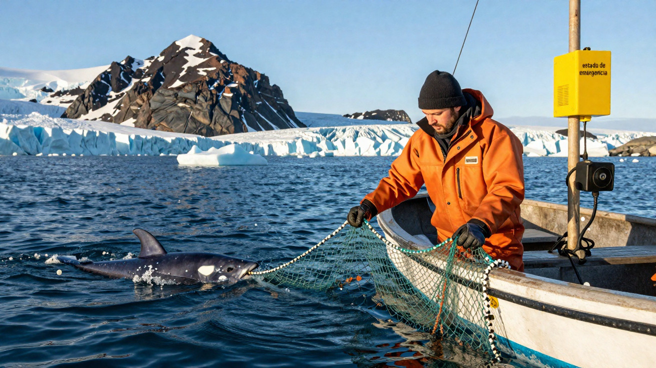 Mann in oranger Jacke fängt Delfin mit Netz vom Boot in eisiger Polarlandschaft.