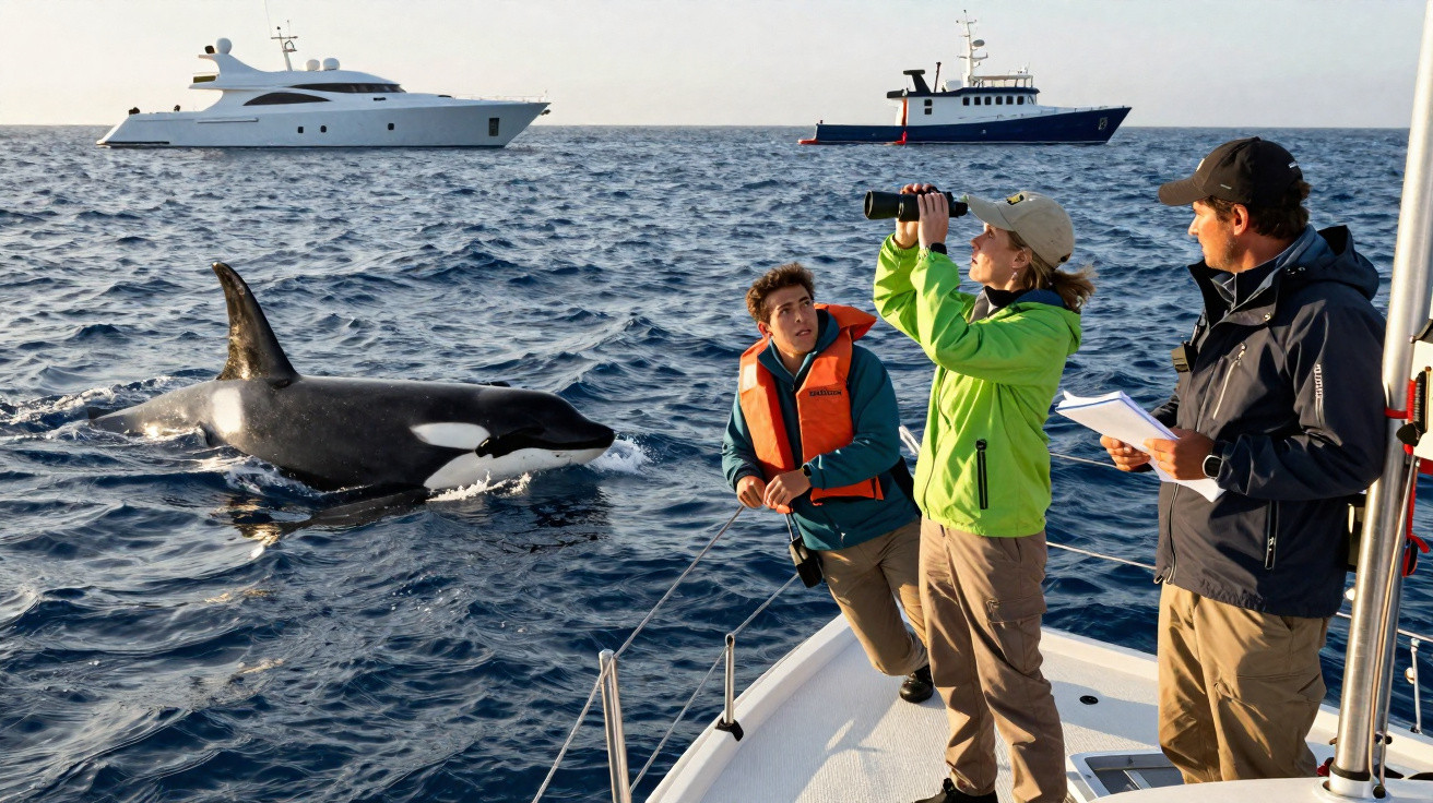 Drei Menschen beobachten eine Orca über Wasser vom Boot aus, zwei Schiffe sind im Hintergrund auf dem Meer.