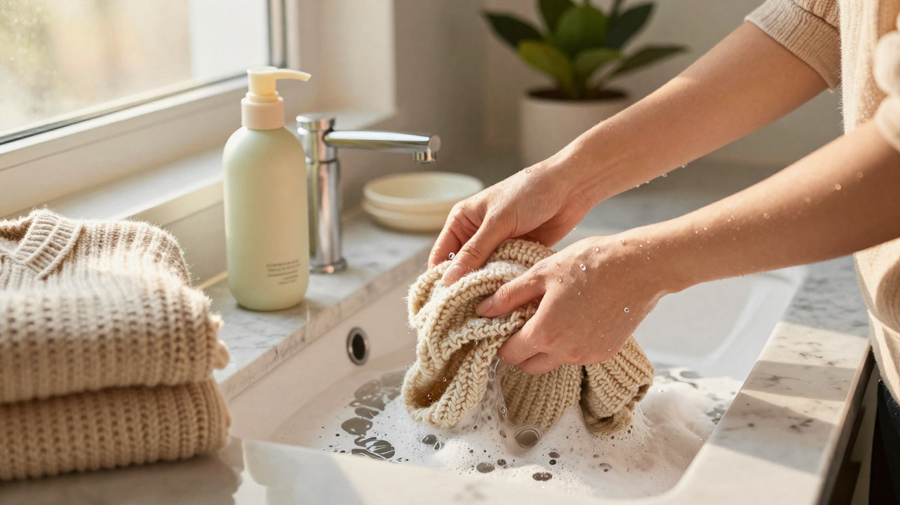 Person wäscht Strickpullover von Hand in einem mit Seifenwasser gefüllten Waschbecken neben Stapel Kleidung.