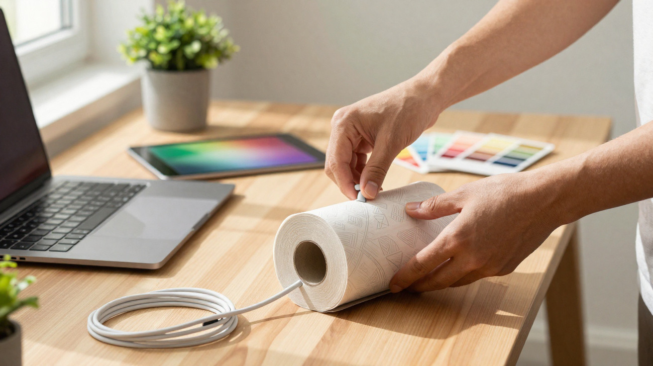 Person steckt USB-Kabel in eine Lampenhalterung aus Papier auf einem Holztisch mit Laptop und Farbpalette.