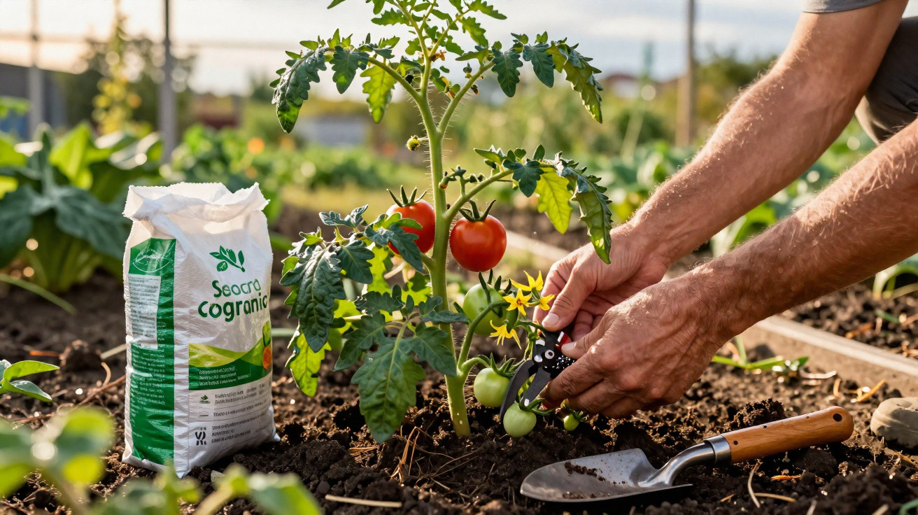 Gartenhandschuhelose Hände schneiden grüne Tomatenfrüchte an einer Pflanze im Beet mit Handschaufel und Düngersack.
