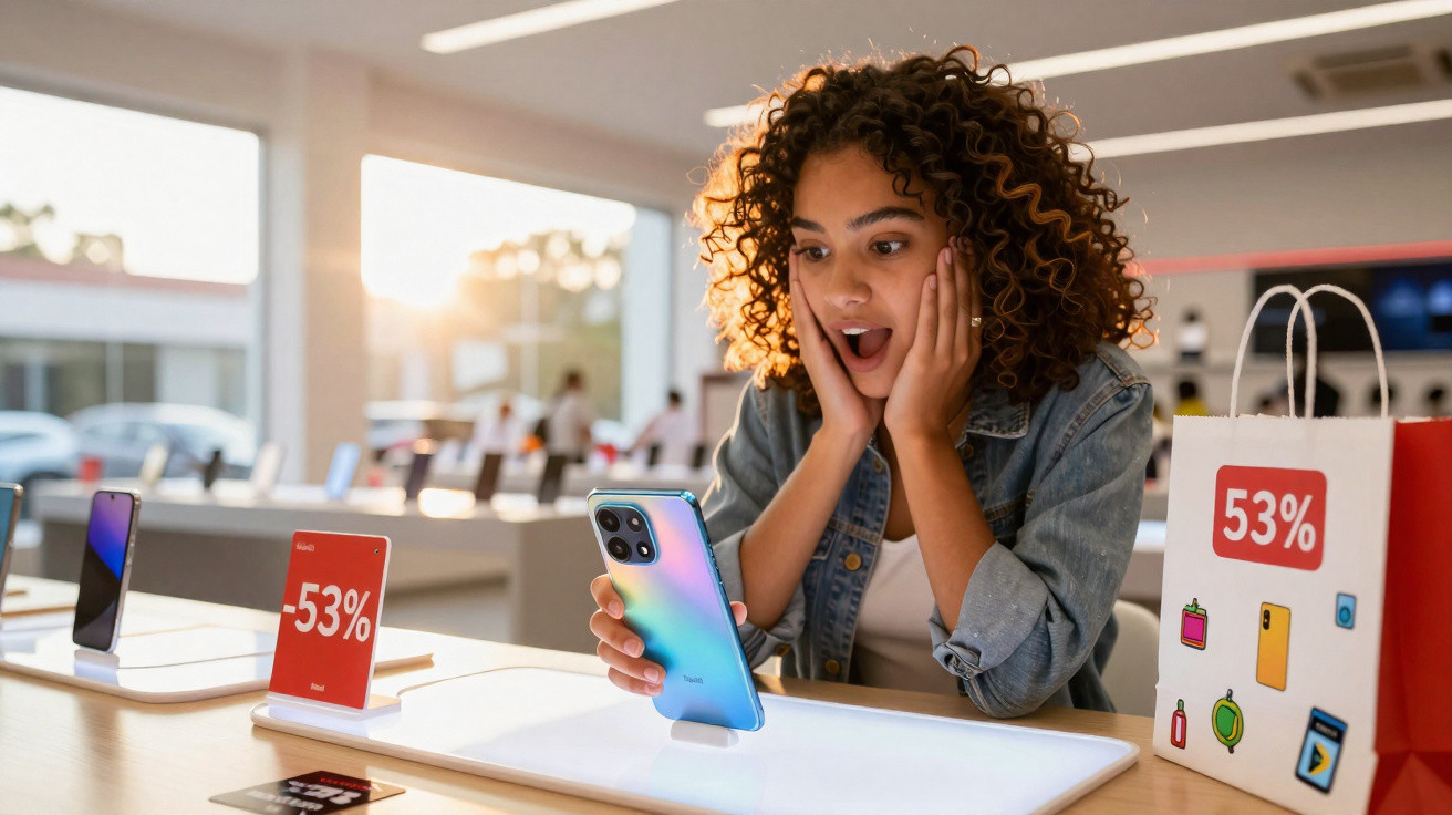 Frau in Elektronikgeschäft hält Smartphone, zeigt überraschten Gesichtsausdruck, neben -53% Rabatt-Schildern und Einkaufstasc