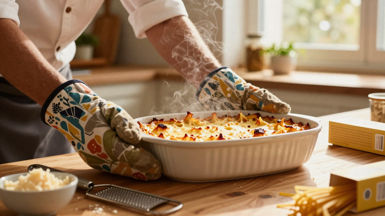 Person mit Topfhandschuhen hebt dampfenden Auflauf aus dem Backofen in heller Küche.