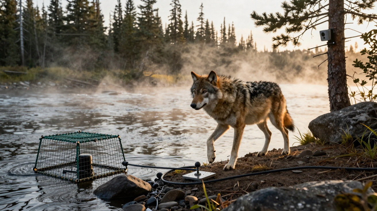 Wolf steht am Ufer eines Flusses neben einer Lebendfalle und Überwachungskamera im nebligen Waldgebiet.