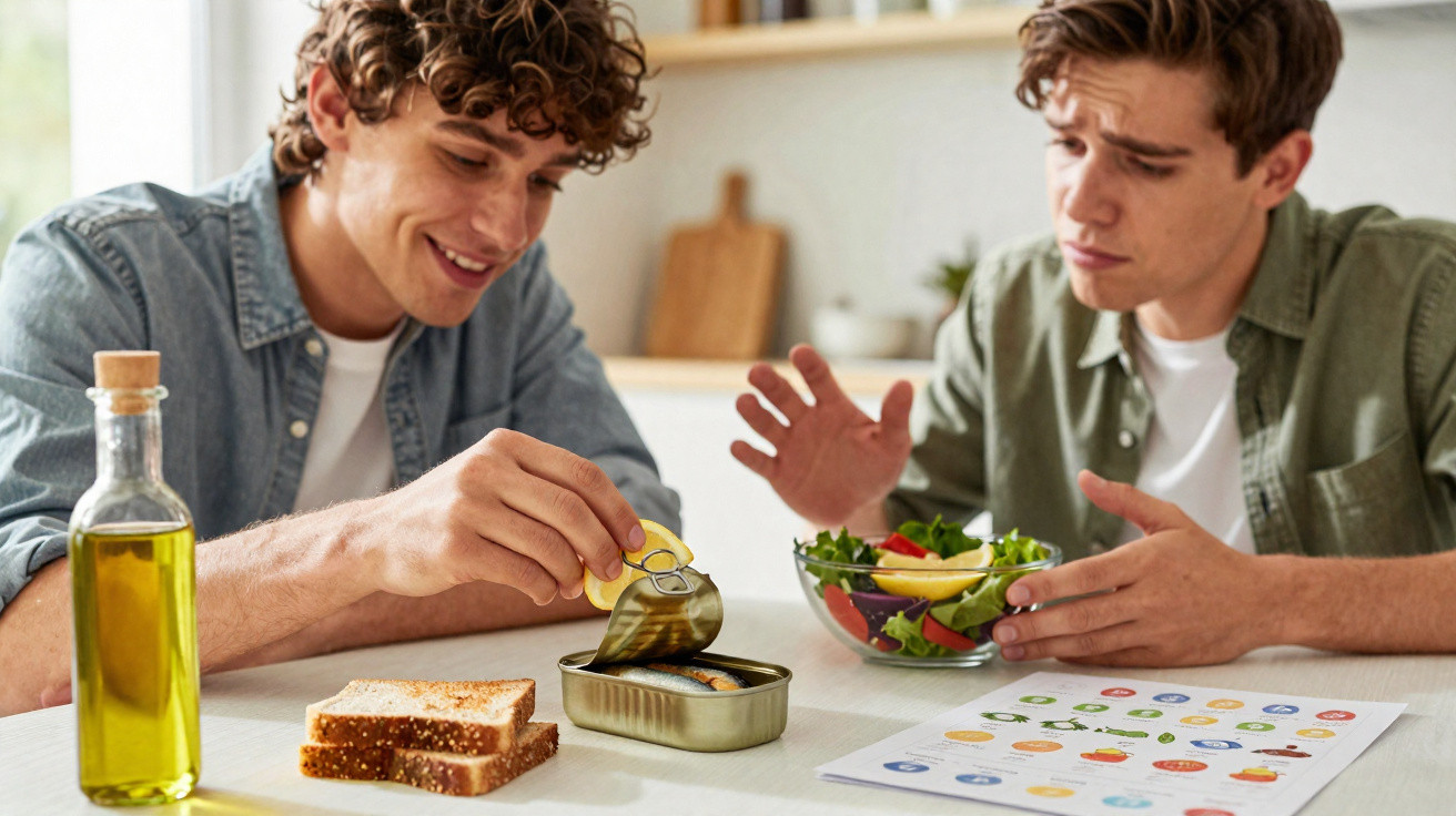 Zwei junge Männer am Tisch, einer öffnet eine Sardinenbüchse, der andere hält eine Schüssel Salat.