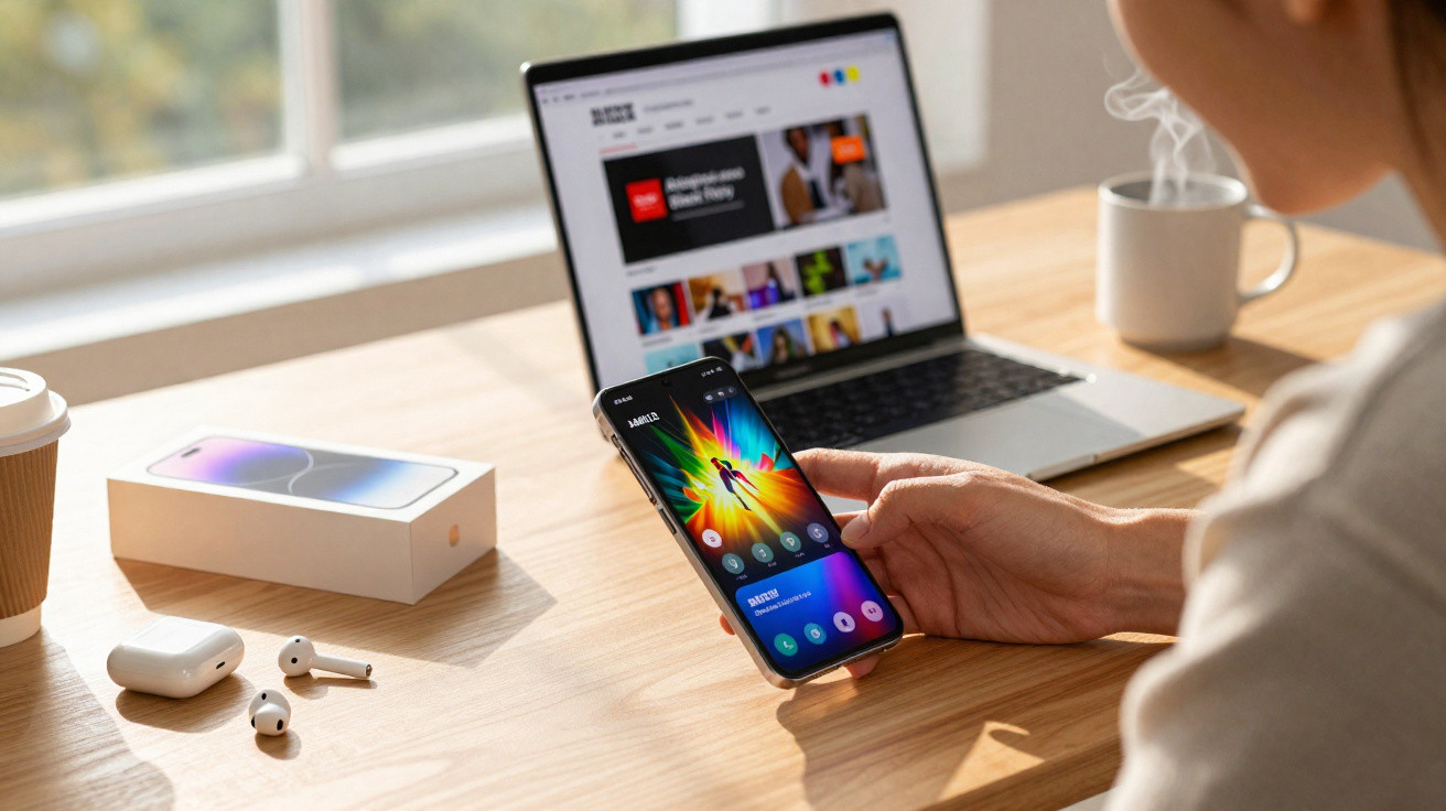 Person hält Smartphone mit bunter App-Oberfläche, Laptop, Kaffeetasse und kabellose Kopfhörer auf Holztisch.