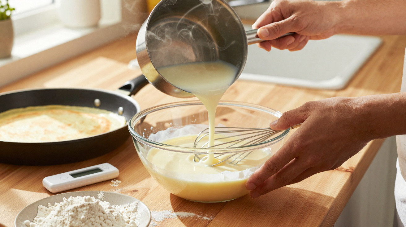 Person gießt Pfannkuchenteig aus Topf in Glasrührschüssel, daneben Pfanne mit Pfannkuchen und Mehl.