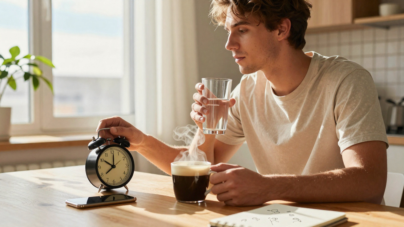 Junger Mann trinkt Wasser und stellt Wecker, dampfender Kaffee auf Tisch, Smartphone und Notizbuch bei Fensterlicht.
