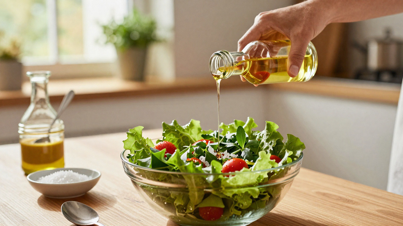Hand gießt Öl über frischen Salat mit Tomaten in Glasschüssel auf hellem Holztisch in Küche.