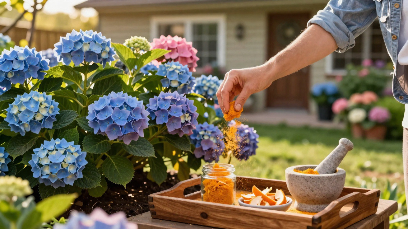 Hand streut getrocknete Kurkuma auf Holztablett mit Mörser, Marmeladenglas und Schalen im Garten vor Hortensien.