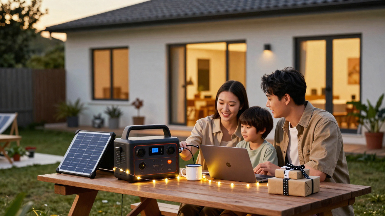 Familie arbeitet abends draußen am Laptop neben Solarpanel und mobiler Stromstation auf Holztisch.