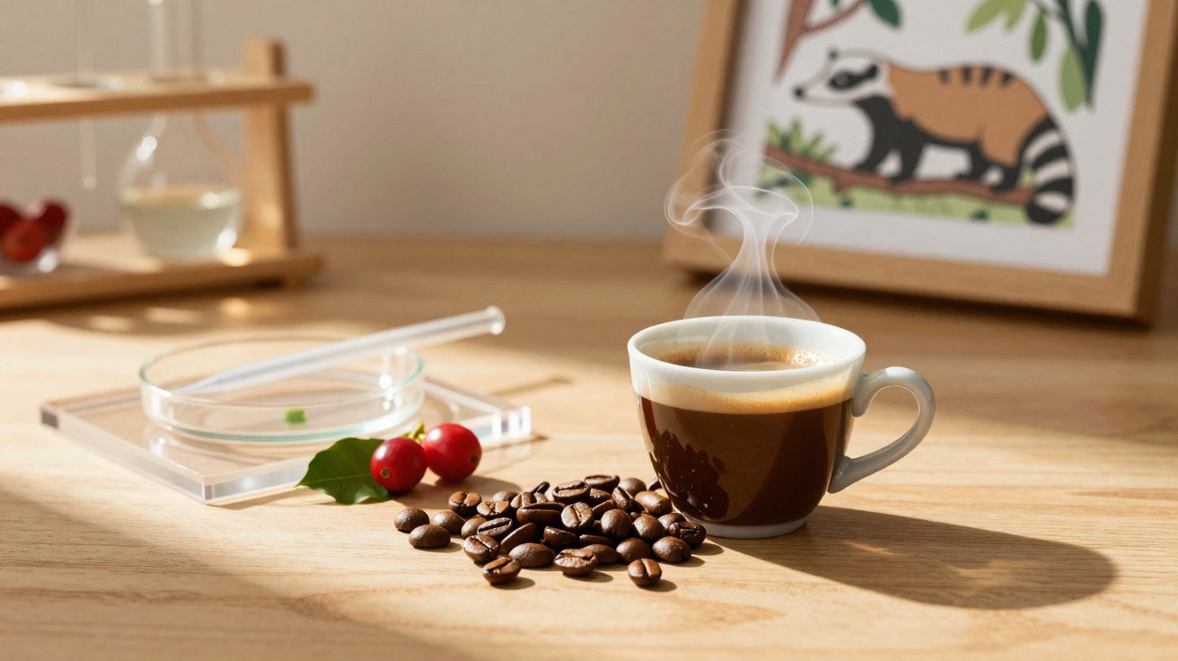 Dampfender Espresso in Tasse neben Kaffeebohnen und roten Kaffeestrauchbeeren auf Holztisch