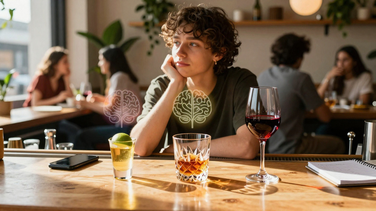 Nachdenklicher junger Mensch sitzt an Bar mit verschiedenen alkoholischen Getränken und Gehirn-Symbolen darüber.