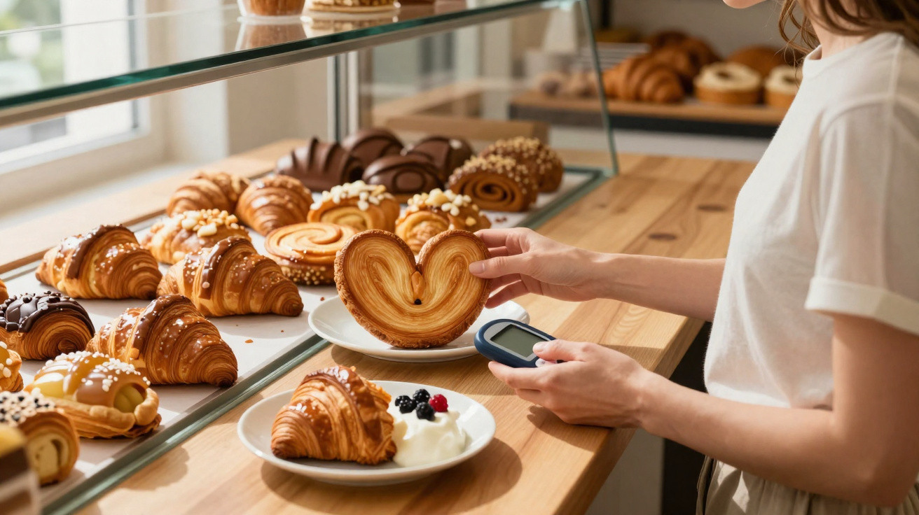 Frau wählt Palmier-Blätterteiggebäck in Bäckerei, hält Blutzuckermessgerät in der Hand.