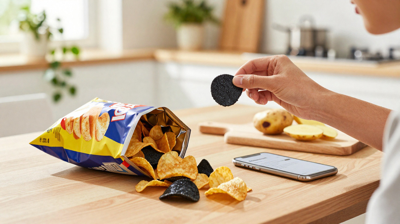 Hand hält schwarzen Chips aus einer Tüte mit schwarzen und gelben Chips auf einem Küchentisch mit Smartphone.