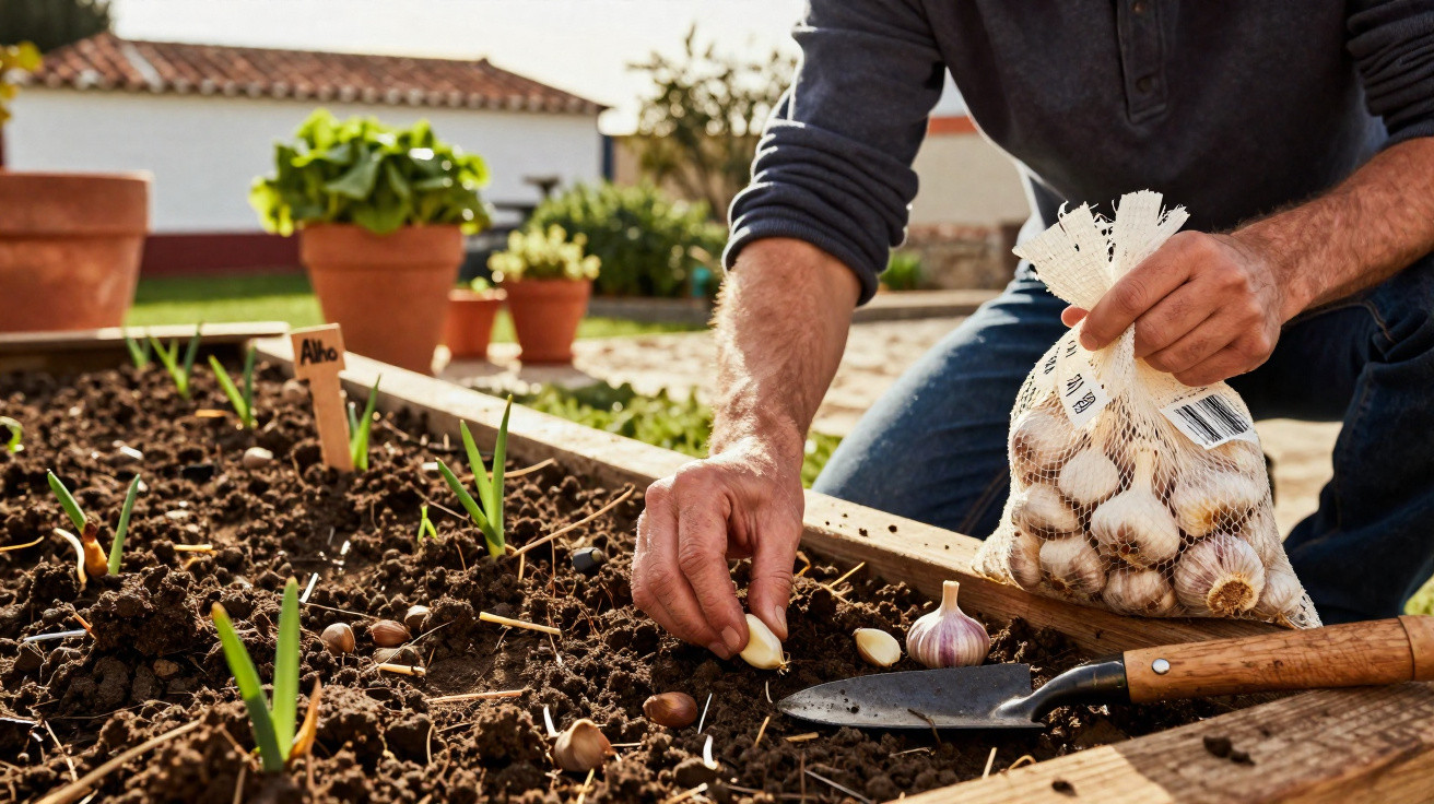 Person pflanzt Knoblauchzehen in Hochbeet im Garten bei Sonnenschein.