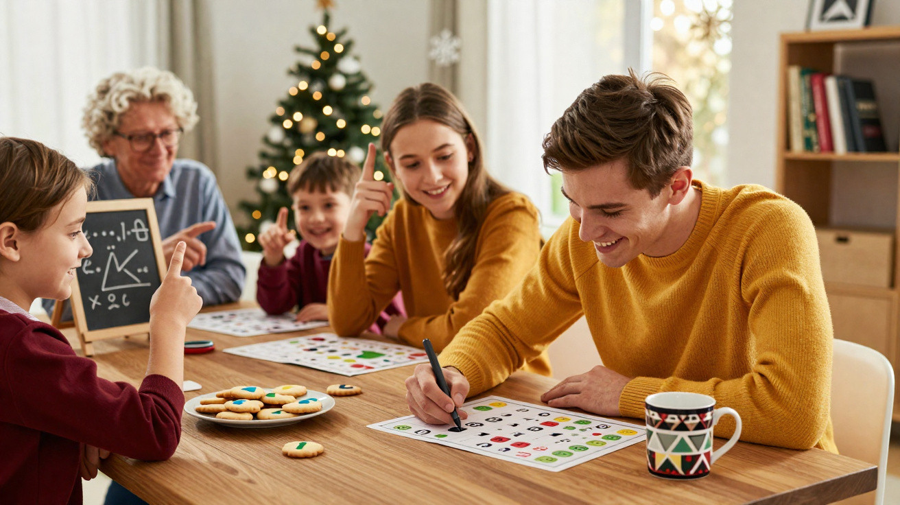 Mehrgenerationenfamilie spielt Brettspiel am Weihnachtstisch mit Keksen und festlicher Dekoration.
