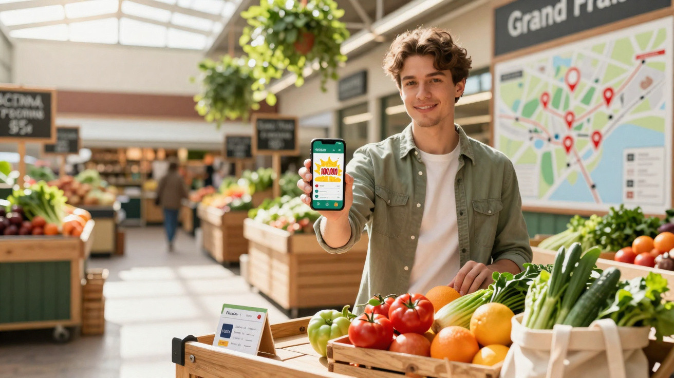 Junger Mann zeigt Smartphone mit Rabatt-App in einem hellen Marktstand mit frischem Obst und Gemüse.