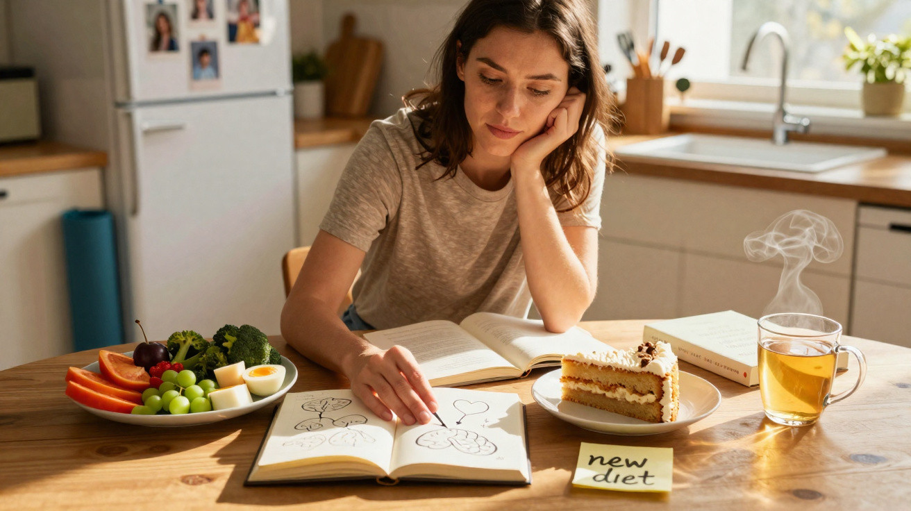 Frau sitzt am Küchentisch, liest und zeichnet bei gesunder Ernährung mit Obst, Kuchen und Tee.
