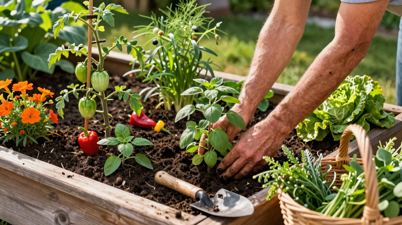 Person pflanzt Kräuter in ein Hochbeet, daneben Gartenschaufel und Korb mit frischen Kräutern.