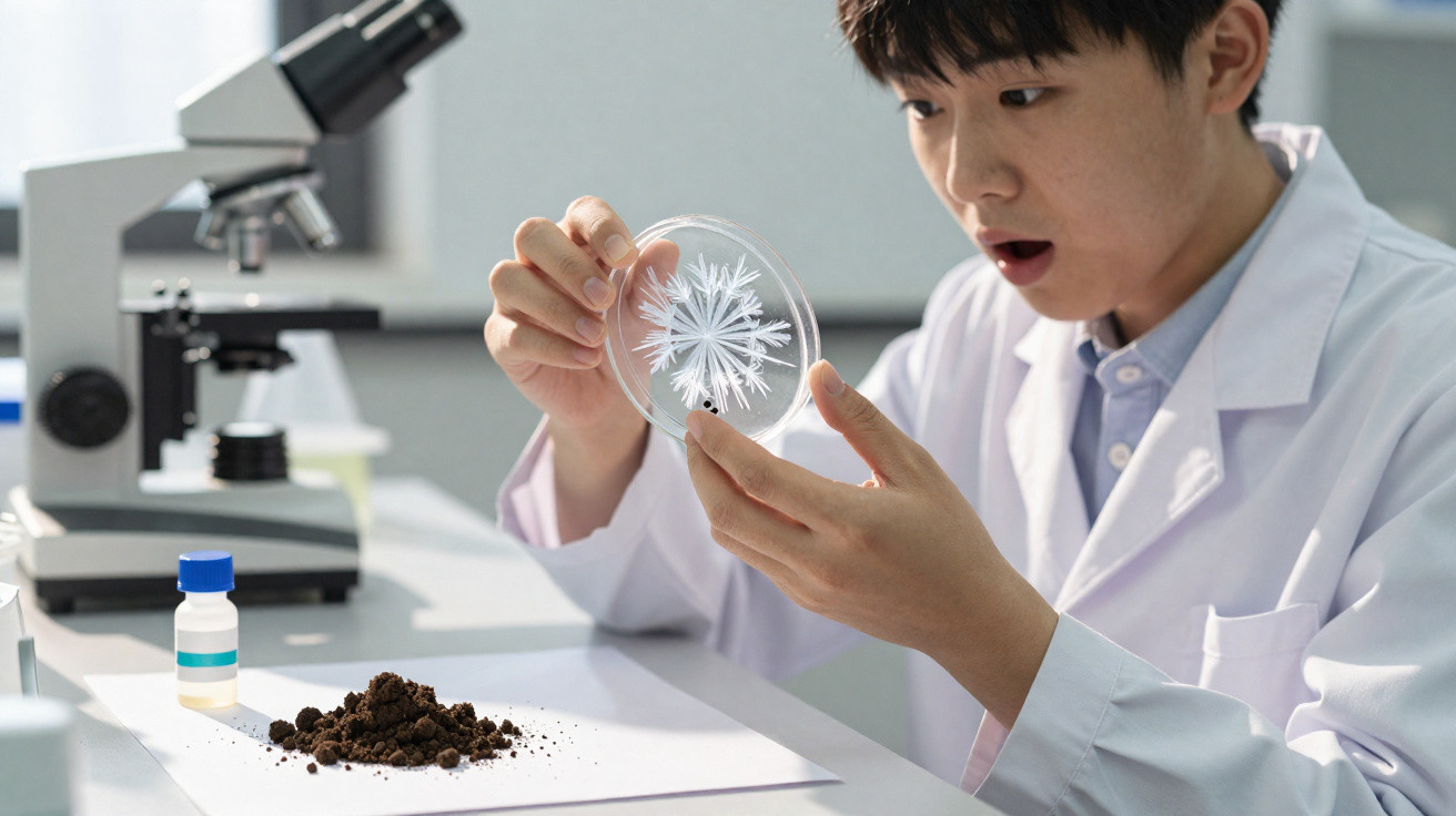 Junger Wissenschaftler untersucht überraschte Petrischale im Labor mit Mikroskop und Erdprobe auf Tisch.