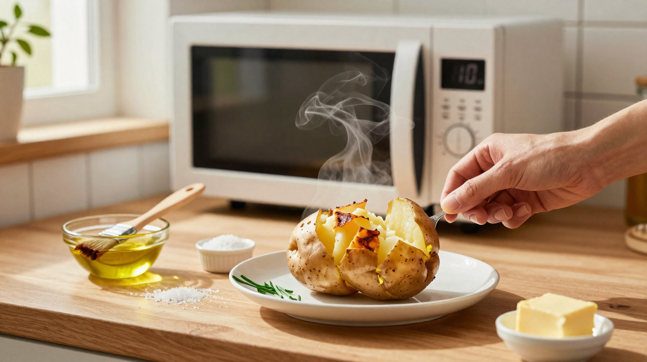 Dampfende Ofenkartoffel auf Teller, Hand hält Zahnstocher, Öl, Salz und Butter auf Holztisch vor Mikrowelle.