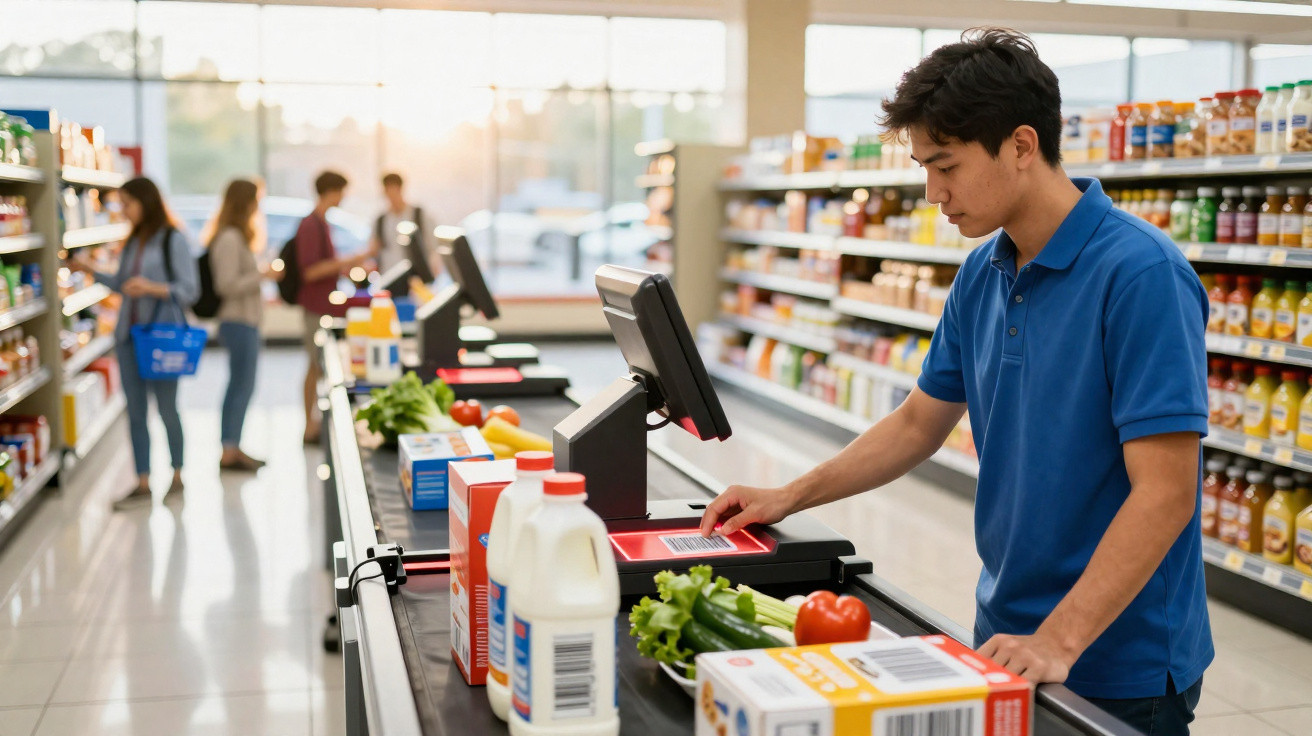 Junger Mann scannt Lebensmittel an Supermarktkassa, im Hintergrund warten Kunden mit Einkaufskörben.