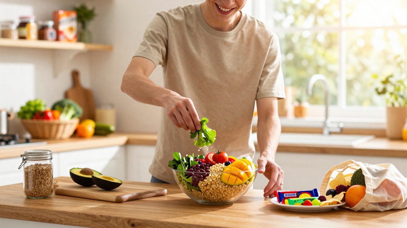 Person bereitet frischen Obst- und Gemüsesalat in heller Küche mit Sonnenlicht zu.