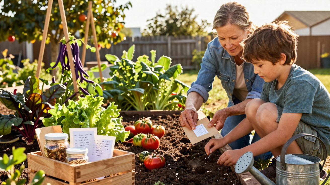 Frau und Junge säen Samen in Gemüsegarten, Tomaten, Salat und Kräuter im Hintergrund bei sonnigem Wetter.
