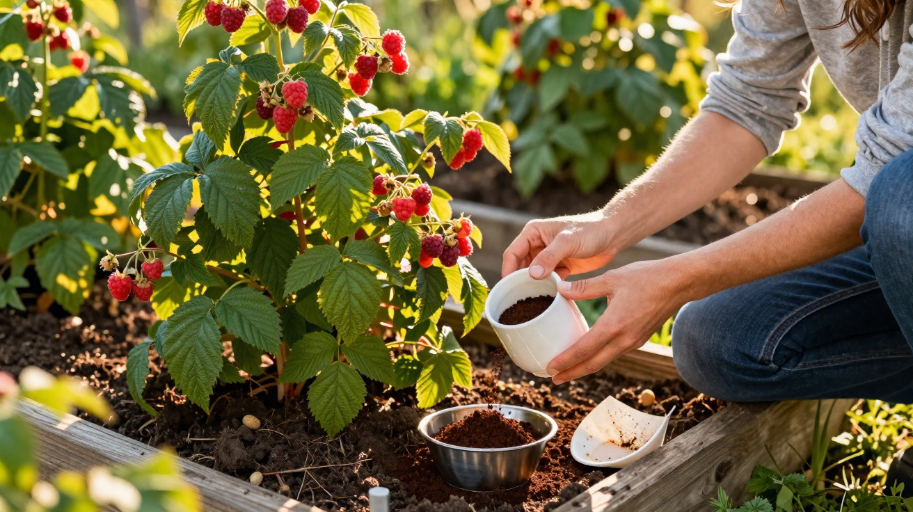 Eine Person düngt Himbeerpflanzen im Garten mit organischem Kompost im Hochbeet bei Sonnenschein.