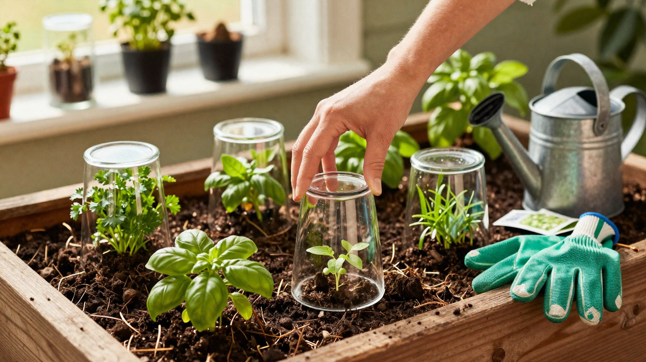 Hand schützt Jungpflanze mit Glas in Hochbeet, daneben Gießkanne und Gartenschuhe, Kräuter im Fensterbereich.