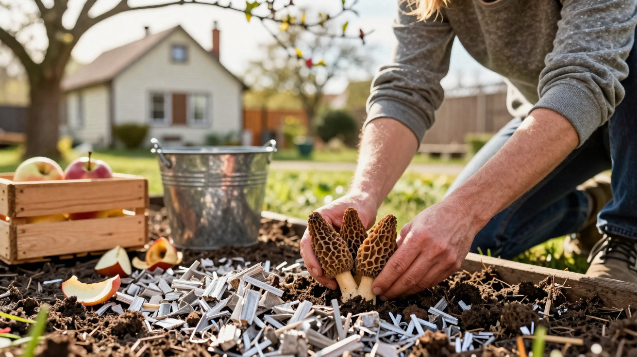 Person pflückt Morcheln in einem Gartenbeet, im Hintergrund Haus, Äpfel und Metall-Eimer sichtbar.