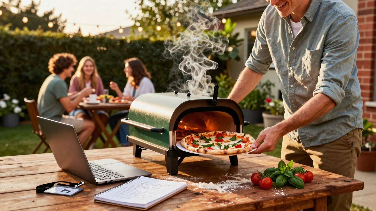 Mann holt frische Pizza aus kleinem Ofen im Garten, während Freunde im Hintergrund am Tisch sitzen.