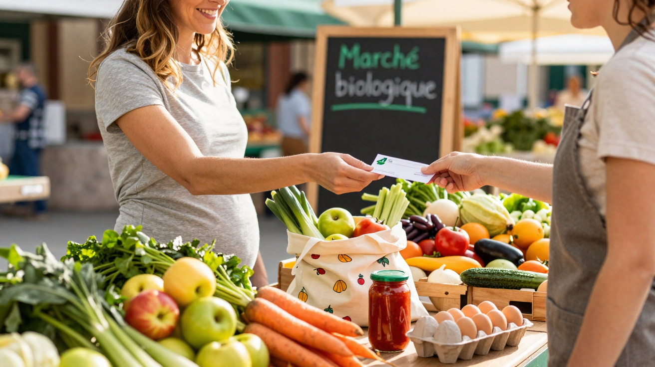 Zwei Frauen bei einem Marktstand mit frischem Gemüse und Obst, eine zeigt ihre Kundenkarte.