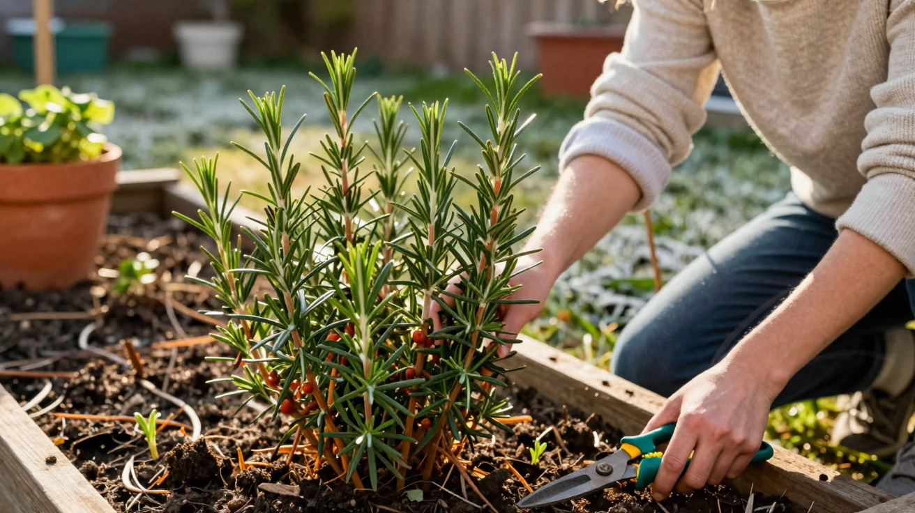 Person pflegt Rosmarinpflanze im Hochbeet bei sonnigem Wetter im Garten.