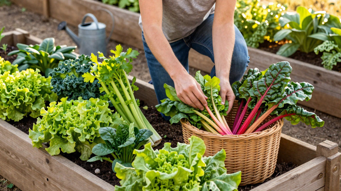 Person erntet Mangold aus einem Hochbeet mit frischem Salat und Sellerie im Garten.
