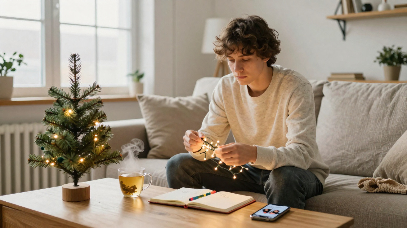 Junger Mann sitzt auf Sofa und dekoriert kleine Lichterkette neben Mini-Weihnachtsbaum im gemütlichen Wohnzimmer.