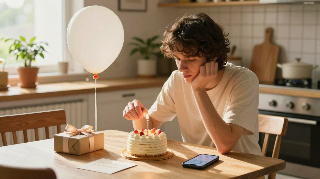 Junger Mann zündet Kerze auf Geburtstagskuchen an, Geschenk, Ballon und Karte auf Holztisch in Küche.